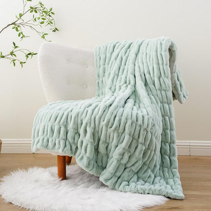 BATTILO HOME Faux Fur Throw Blanket for Couch, Super Soft Cozy Blanket, Double Side Ruched Rabbit Fur Blanket for Bed, Living Room, 60"x80", Sage Green