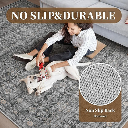 MontVoo-Vintage Area Rug 5X7 Grey Rugs for Living Room-Soft Distressed Printed Rugs for Bedroom-Non Slip Carpet-Machine Washable Rug for Dining Room Living Room Bedside Office