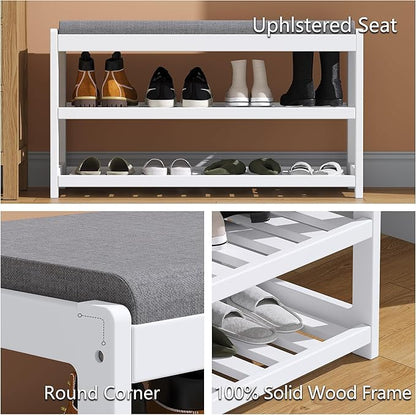 Shoe Bench Entryway, 100% Solid Solid Wood Shoe Rack Bench with Storage and Cushion Padded Seat, 3-Tier Shoe Organizer for Hallway Living Room, Mudrooms, White