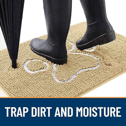 OLANLY Dog Door Mat for Muddy Paws 24x16, Paw Print Design, Absorbs Moisture and Dirt, Absorbent Non-Slip Washable Doormat, Quick Dry Chenille Mud Mat for Dogs, Entry Indoor Entryway Carpet, Beige