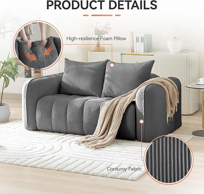 66'' Boneless Corduroy Loveseat Sofa, 2 Seater Tufted Deep Seat Couch with Rounded Armrest, Upholstered Cloud Couch for Living Room, Bedroom, No Assembly, Grey