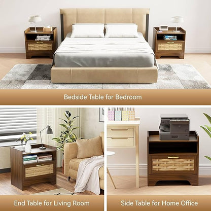 24" Rattan Nightstand with Storage Drawer, Walnut Bedside Table with Semi Open Cubby, Boho Night Stand with Farmhouse Arched Base for Bedroom, Side Table, End Table for Dorm