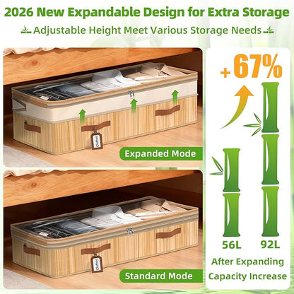Livole 3 Pack Bamboo Under Bed Storage, 6-10 inches Height Adjustable Underbed Storage Containers, 92L XXXL Large Under Bed Storage Bins with Clear Lid & Label for Clothes, Blankets, Sweater, Shoes