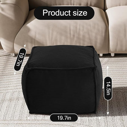 MeMoreCool Stuffed Pouf Ottoman Foot Rest Square, Corduroy Floor Pouf Foot Stool with Foam Chunk Filling, Soft Stuffed Ottoman Footrest for Living Room, Black