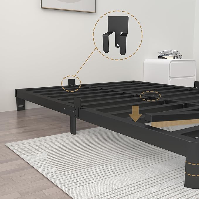ITIMIDI 4 Inch Queen Bed Frame No Box Spring Needed, Platform Bed Frame with Metal Gaskets, Heavy Duty Steel Slat Support, Anti-Slip Mattress Stopper, Round Corner Leg, Easy Assembly, Black