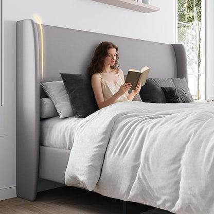 Jocisland Full Upholstered Platform Bed Frame with 51.2" Tall Wingback Headboard–Solid Wood Legs, No Box Spring Needed, Light Grey Linen–Modern Style for Any Bedroom