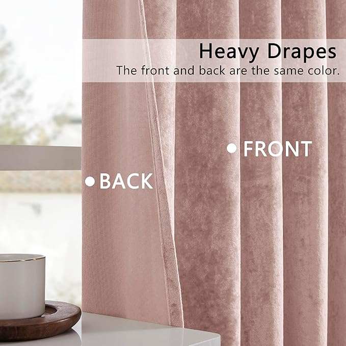 SMILETIME Pink Crushed Velvet Curtains 52x108inch Rod Pocket Luxurious Thermal Insulated Soundproof Drapes Soft and Durable Light-Filtering Window Treatments for Living Room Bedroom, 2 Panels