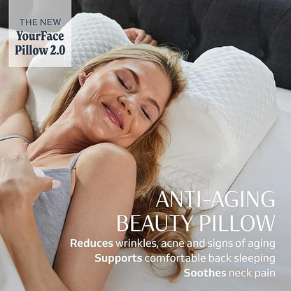 YourFacePillow- Back Sleeper Beauty Pillow, Cervical Neck Pillow, Patented Contour Memory Foam Pillow, Ergonomic Neck, Back and Shoulder Support. Back Sleeping Reduces Pressure on Skin - Cooling