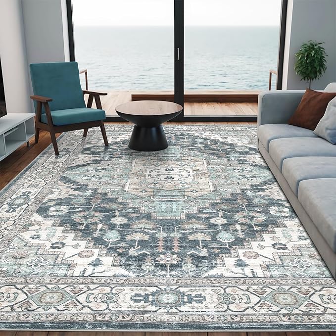 3x5 Vintage Washable Area Rug for Living Room,Low Pile Non Slip Carpet Non-Shedding Small Area Rug Soft Indoor Stain Resistant Rug Boho Print Mat for Bedroom Dining Room Blue Beige Multi