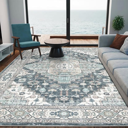 3x5 Vintage Washable Area Rug for Living Room,Low Pile Non Slip Carpet Non-Shedding Small Area Rug Soft Indoor Stain Resistant Rug Boho Print Mat for Bedroom Dining Room Blue Beige Multi