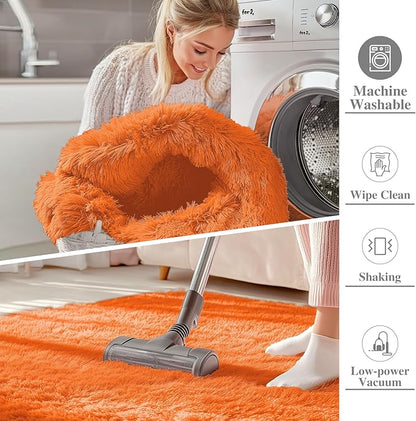 OLANLY 3x5 Machine Washable Small Bedside Rug, Soft Fluffy Shaggy Rugs for Living Room, Bedroom, Indoor Floor Carpet for Kids Girls and Boys, Preppy Dorms, Nursery, Home Decor Aesthetic, Orange