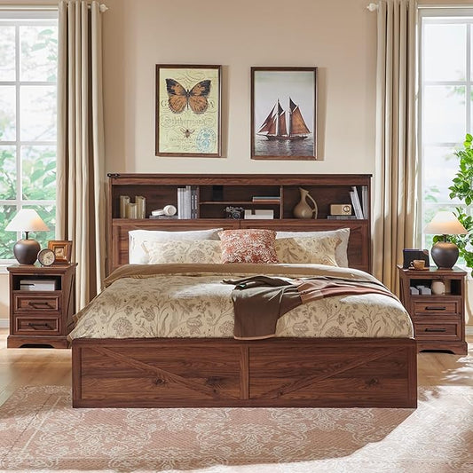 ACCOHOHO King Bed Frame with 52" Tall Headboard and 4 Drawers,LED Light,Charging Station,Solid Wood Slats Support,No Box Spring Needed,Brown