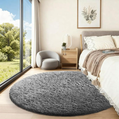 Ophanie Round Rug 5Ft Grey Circle Area Rugs, Fluffy Fuzzy Bedroom Carpet 5 Foot, Plush Shag Indoor Floor Gray Living Room Christmas Circular Aesthetic Decor for Kids Teen Boys Baby,Nursery, Classroom