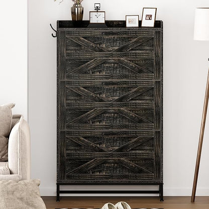 Vibe & Dine Farmhouse Shoe Storage Cabinet - Freestanding Narrow Shoe Rack with Metal Legs, Dark Rustic Oak