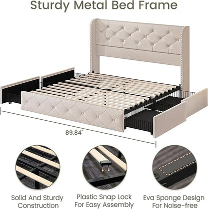 LARMACE Full Size Bed Frame with 4 Storage Drawers and Wingback Headboard Linen Upholstered Platform Bed Frame Tufted Beds with Wooden Slats Support, Easy Assembly, Beige