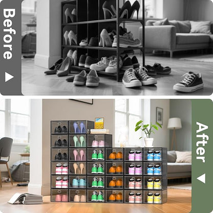 Thicken Hard Clear Shoe Storage Organizer for Closet, 12 Pack Modular Plastic Stackable Shoe Storage Box Organizer, Shoe Sneaker Rack Display Case Containers Bins with Lids, Grey