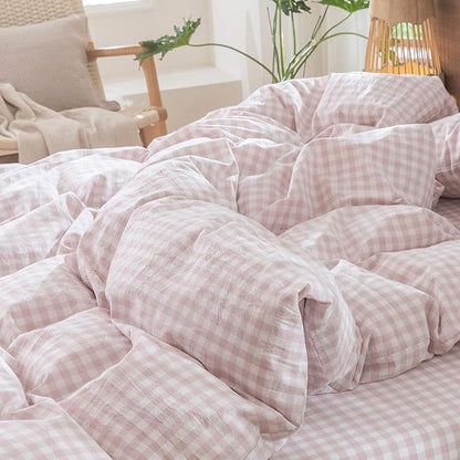 MooMee Gingham Duvet Cover Set 100% Washed Cotton Linen Like Textured Breathable Durable Soft Comfy Modern Checkered Design (Classic Gingham Greyish Pink, Oversized Full 82"x86")