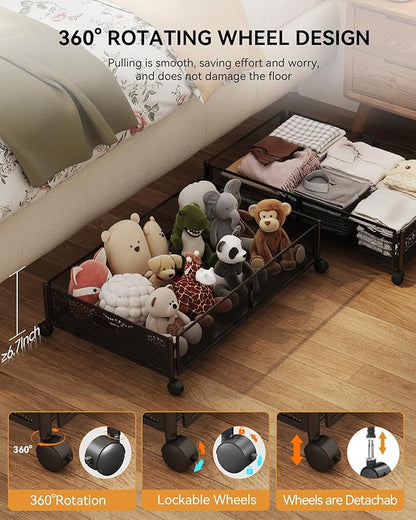 Under Bed Storage with Wheels, Foldable Pattern Carved Metal Under The Bed Storage, Tool-Free Assembly Under The bed Storage Bins, 60L Underbed Storage for Bedroom Clothes Shoes Toys-2 Pack