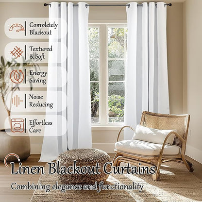 Blackout Curtains for Living Room 84 Inch Length 2 Panels Set, Thermal Insulated 100% Black Out Privacy Soundproof Grommet Farmhouse Linen Window Curtains for Bedroom Darkening, White, Each 52”Wide