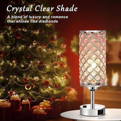 Pink Crystal Lamp Set of 2, 3 Way Dimmable Touch Lamp for Bedroom with Crystal Shade, Bedside Nightstand Lamps for Living Room Bedroom Home Office