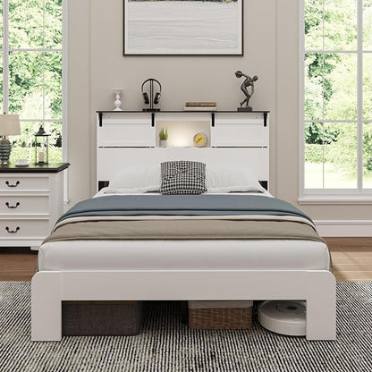 Queen Wood Bed Frame, Sliding Barn Door Storage Headboard with LED Lights and Charging Station, Farmhouse Wood Platform Bed with Metal Slat Supports, No Box Spring Required, Noiseless, White
