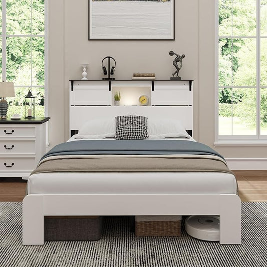 Queen Wood Bed Frame, Sliding Barn Door Storage Headboard with LED Lights and Charging Station, Farmhouse Wood Platform Bed with Metal Slat Supports, No Box Spring Required, Noiseless, White