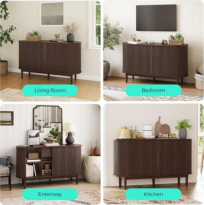 LINSY HOME Sideboard Buffet Cabinet with Storage, 55" Fluted Coffee Bar Cabinet with Tambour Sliding Doors and Drawer, Mid Century Modern Wood Storage Buffet Table for Kitchen, Living Room, Walnut | with Storage, Fluted, Coffee Bar Cabinet, Drawer, Mid...