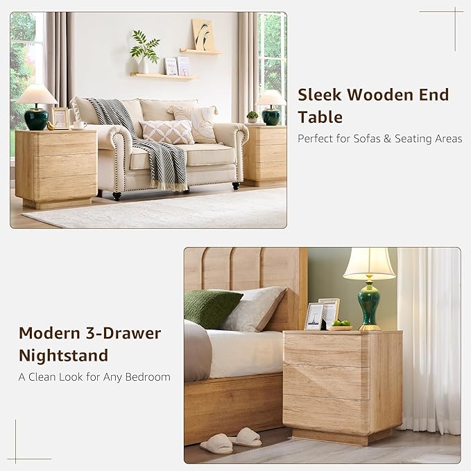 ACCOHOHO 22" Modern Nightstand Set of 2 with Charging Station, Push-to-Open 3 Drawers Bedside Table, Large End Table with Storage, Night Stand for Bedroom, Living Room, Curved Profile, Natural Oak