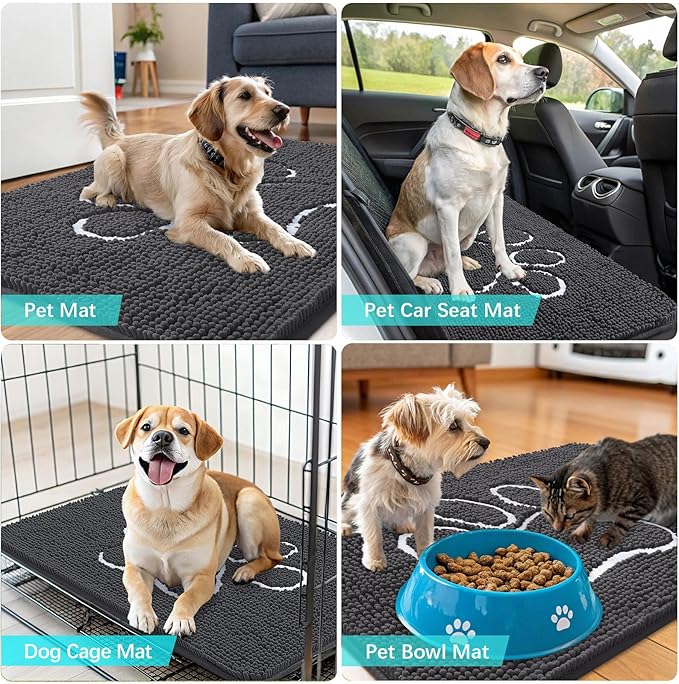OLANLY Dog Door Mat for Muddy Paws 47x32, Paw Print Design, Absorbs Moisture and Dirt, Absorbent Non-Slip Washable Doormat, Quick Dry Chenille Mud Mat for Dogs, Entry Indoor Entryway Carpet, Dark Grey