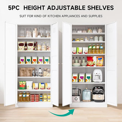 SISESOL 71" Tall Pantry Cabinet with 2 Doors and 6 Shelves,Kitchen Pantry Storage Cabinets,White Metal Storage Cabinet,Wide Deep Food Cupboard for Home,Kitchen,Dining/Living Room