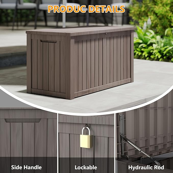 80 Gallon Outdoor Storage Box Waterproof, Resin Deck Boxes with Lockable Lid & UV-Resistant for Patio, Pool, Garden Furniture Cushions & Accessories, Coffee
