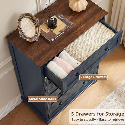 Farmhouse 5 Drawer Dresser for Bedroom Set of 2, 42" Tall Small Dressers & Chest of Drawers, Rustic Wood Dresser with Metal Handle, Storage Organizer Closet for Living Room, Hallway,Entryway
