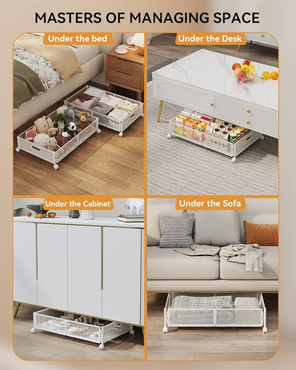 Under Bed Storage with Wheels, Foldable Pattern Carved Metal Under The Bed Storage, Tool-Free Assembly Under Bed Storage Containers, 60L Underbed Storage for Bedroom Clothes Blankets-2 Pack