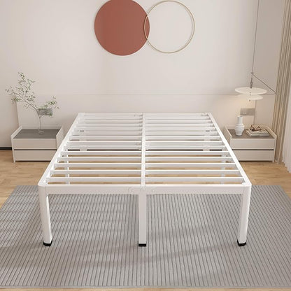 ROIL 14 Inch White California King Bed Frame with Rounded Corner and Headboard Hole Mattress Retainers, 3500LBS Heavy Duty Steel Slats No Box Spring Needed Platform Noise-Free Easy Assembly