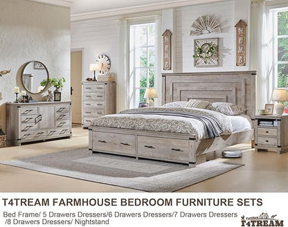 T4TREAM Farmhouse Queen Size Bed Frame with 54" Tall Geometric Headboard & 2 Large Storage Drawers, Rustic Wood Platform Bed with Wood Slats Support, No Box Spring Needed, Light Rustic Oak