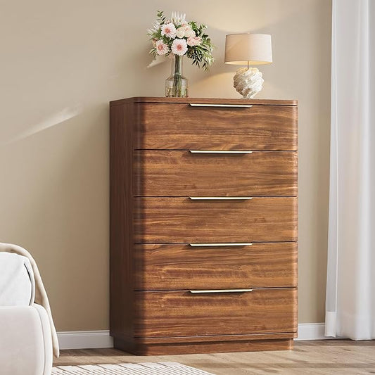 5 Drawer Dresser for Bedroom, 45" Tall Modern Chest of Drawers with Metal Handle, Curved Profile Design, Wooden Closet with Large Drawers Dressers Organizer for Entryway Hallway