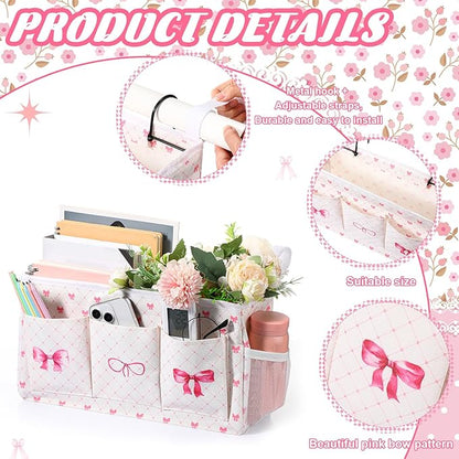 Pink Bow Bedside Caddy, Cute Bow Bedside Organizer, Pink Coquette Aesthetic Hanging Storage Caddy Bag with Fixed Strap and Water Bottle Holder for Home, College, Dorm, Bunk, Hospital, Bed Rail