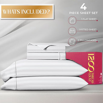 Mayfair Linen 100% Egyptian Cotton Sheets Queen Size - 1200 Thread Count 4 PC Damask Queen Sheet Set Egyptian Cotton, Sateen Luxury Sheet, High Thread Count Sheets, 17" Deep Pocket - White Stripe