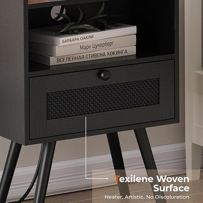 SUPERJARE Nightstand with Charging Station, Bedside Table with Texilene Surface Drawers, Rattan Side Table with Storage & Solid Wood Feet, End Table for Bedroom, All Black