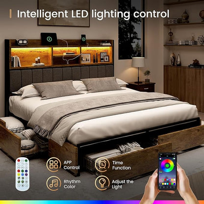 King Bed Frame with 6 Storage Drawers, Linen Upholstered Headboard, Built-in USB Charging Station & LED Lighting, Silent Metal Support, No Box Spring Needed, Vintage Brown