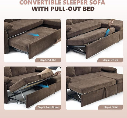 VINGLI Convertible Sofa Bed Couches for Living Room, Sleeper Sofa with Pull Out Couch Bed, Cloud-Like Plush Fleece L-Shape Sectional Couch with Storage Chaise, USB Charging, Side Pockets (Dark Brown)