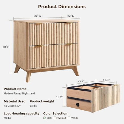 T4TREAM Fluted Night Stand Set 2, 30" Tall Bedside Table with 2 Drawers & Large Tabletop, Modern Wood Side Tables Bedroom, End Table for Living Room, Natural Oak