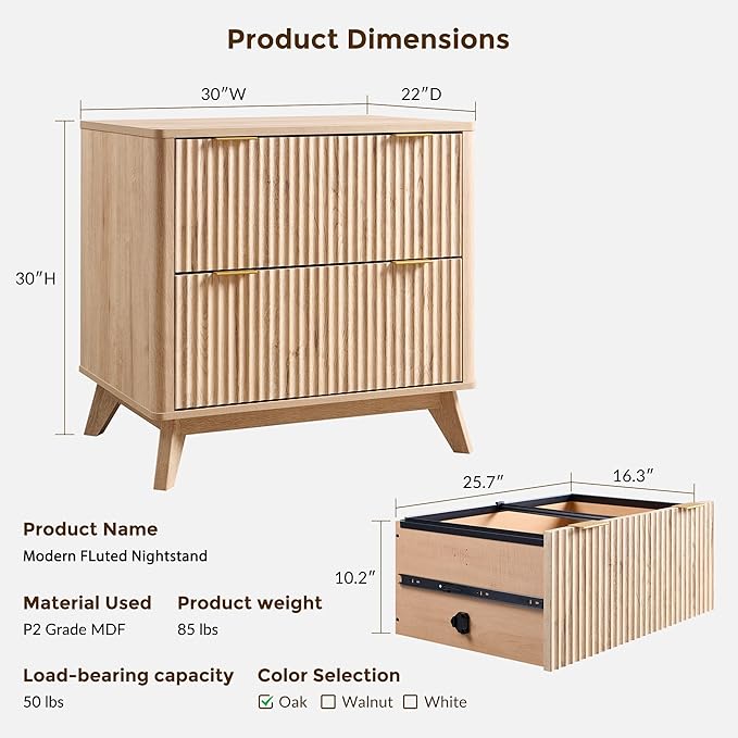 T4TREAM Modern Fluted Wood Night Stand, 30" Tall Bedside Table with 2 Drawers & Large Tabletop, Side Tables Bedroom, End Table for Living Room, Natural Oak