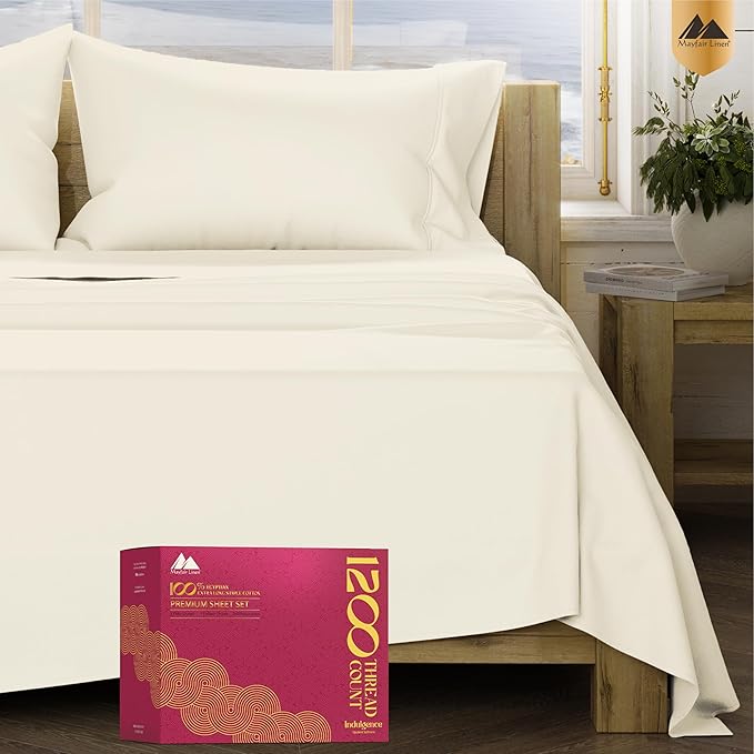 Mayfair Linen 100% Egyptian Cotton Bed Sheets - Luxury 1200 Thread Count Egyptian Cotton Sheets, Soft, Cooling, 17" Deep Pocket Sateen Weave Bedding - 4 PC, King Ivory
