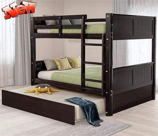 Upgraded Version Best Full Over Full Bunk Bed with Trundle, Thicken Solid Wood Full Size Bunk Bed, Bunkbed Frame Full Over Full, Convertible to 2 Beds, Easy Assembly for Adults (Espresso)