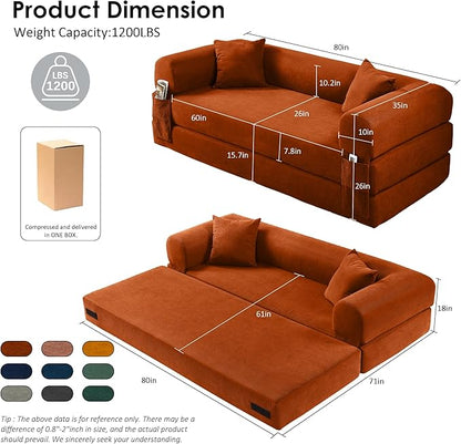 80" Convertible Sofa Bed, Corduroy Deep Seat Folding Pull Out Couch with Pillows, No Assembly Modern Boneless Couch Compression Sofa in Box, Floor Sofa with Storage Pocket for Living Room, Orange