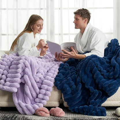 Cozy Bliss Faux Fur Throw Blanket for Couch, Cozy Warm Plush Striped Blanket for Sofa Bedroom Living Room, 90 * 90 Inches Navy Blue
