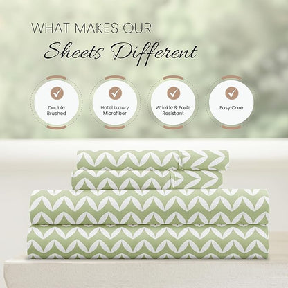 Linen Market Double-Brushed Patterned Microfiber California King Sheet Set 4 Piece – OEKO-TEX Certified Ultra Soft & Wrinkle-Free - 16" Deep Pocket Sheets Easy Care Cal-King Size - Puffed Chevron Sage
