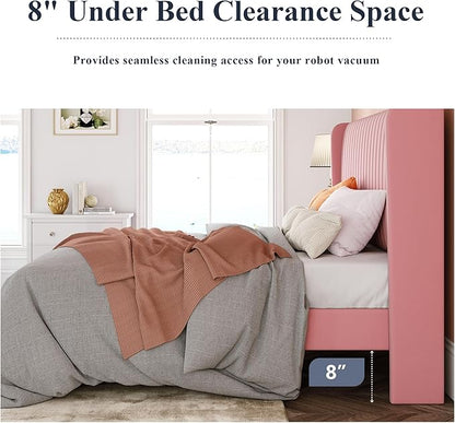 Allewie Full Size Velvet Bed Frame/Vertical Channel Tufted Wingback Headboard/Upholstered Platform Bed/Strong Wooden Slats/No Box Spring Needed/Easy Assembly/Pink