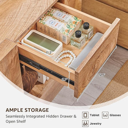 OKD 24'' Modern Nightstands Set of 2, Large Wooden End Table with Charging Station & Drawer & Storage Shelf, Rustic Square Bedside Table for Bedroom, Living Room, Wood Thick Design,Light Tree Knot